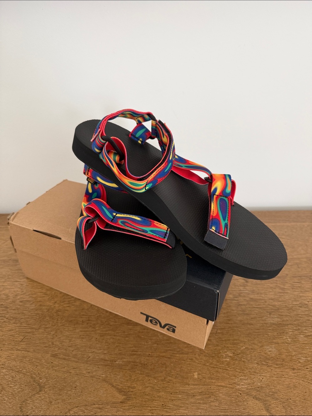 Teva Black Sandals with Rainbow Swirl Straps